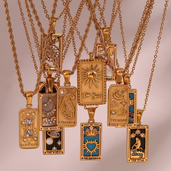 European and American INS Fashion Retro Trendy Bestselling Pendant Jewelry | Stainless Steel Rectangular Oil-Drop Zircon Tarot Card Necklace